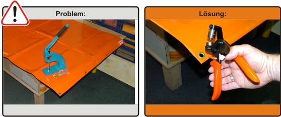 Yellotools EasyPress Handösenzange Detailbild mit YelloGrommet Messingöse