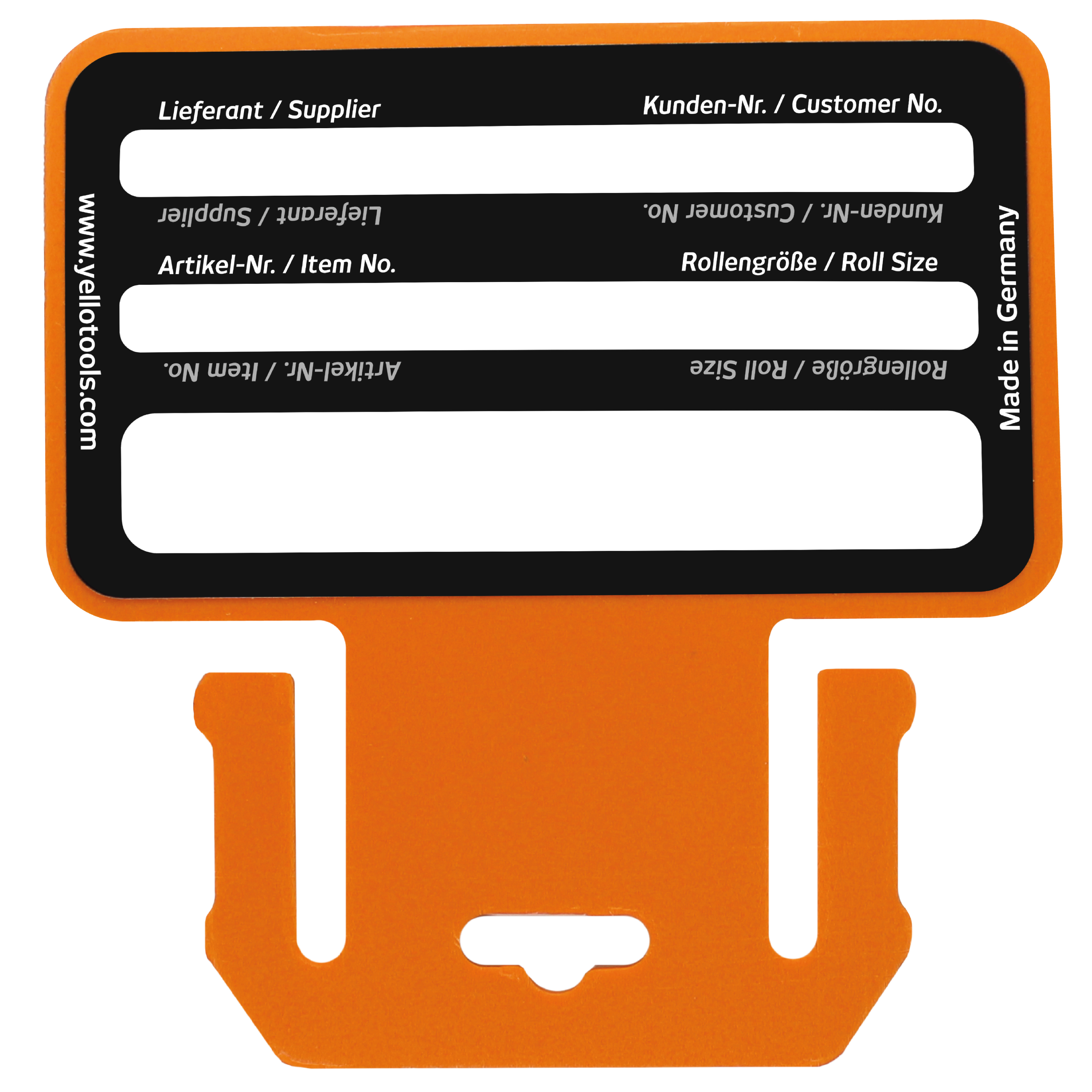 MediaCards 3" Beschriftungskarte Rückseite mit Feldern für Lieferant, Kunden-Nr., Artikel-Nr., Rollengröße und Freifeld