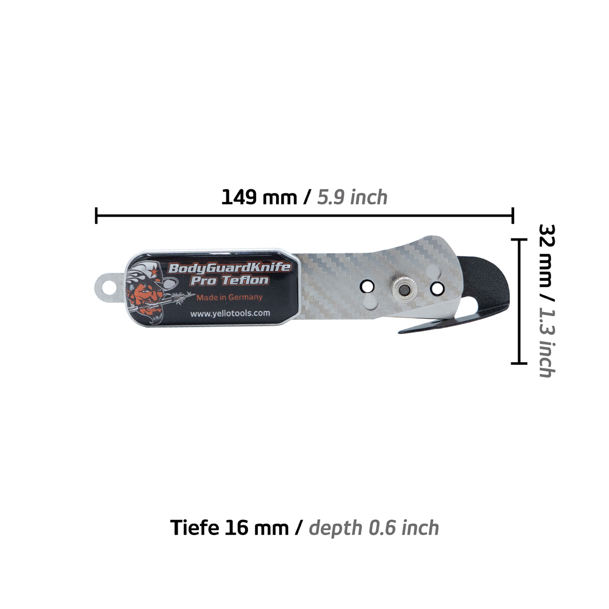 Yellotools BodyGuardKnife Pro Teflon dimension