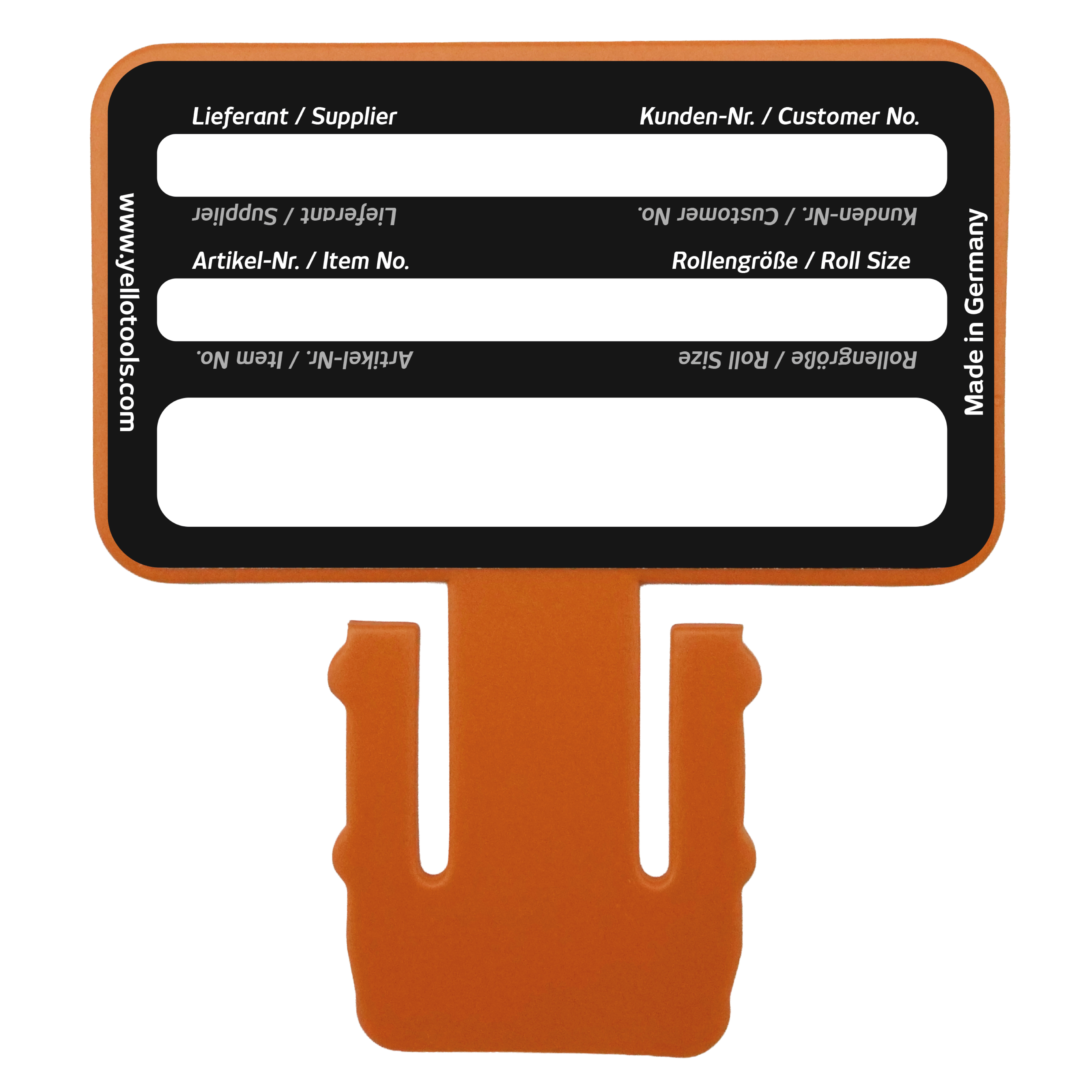 MediaCards 2" Beschriftungskarte Rückseite mit Feldern für Lieferant, Kunden-Nr., Artikel-Nr., Rollengröße und Freifeld