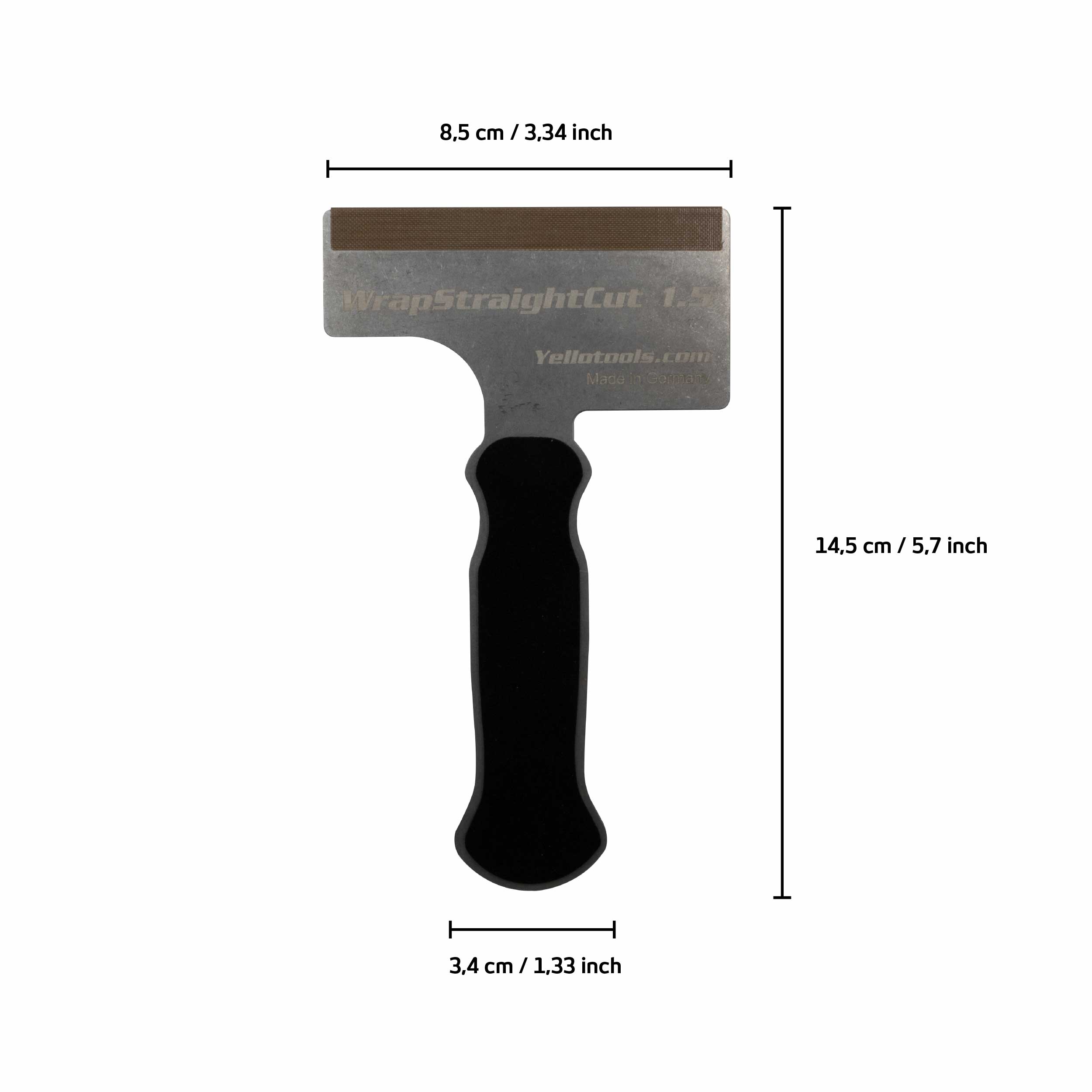 Yellotools CarWrapping Spachtel mit Maßangaben und Teflon-Streifen, erhältlich in den Materialstärken 1,0 mm, 1,5 mm und 2,0 mm.