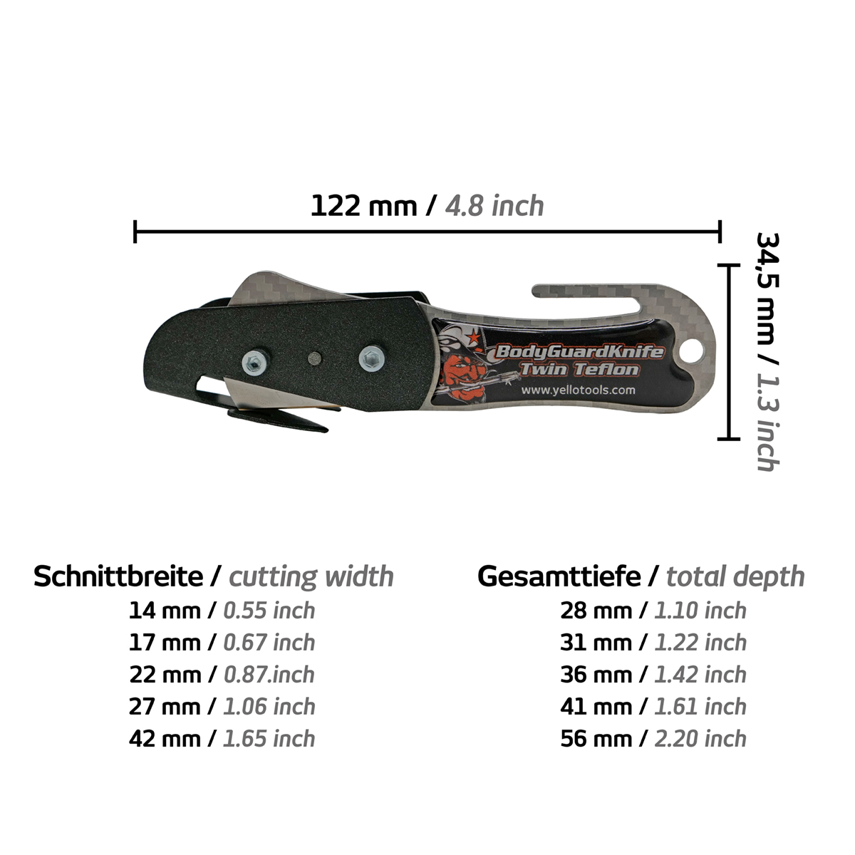 BodyGuardKnife twin flexi tefon dimension