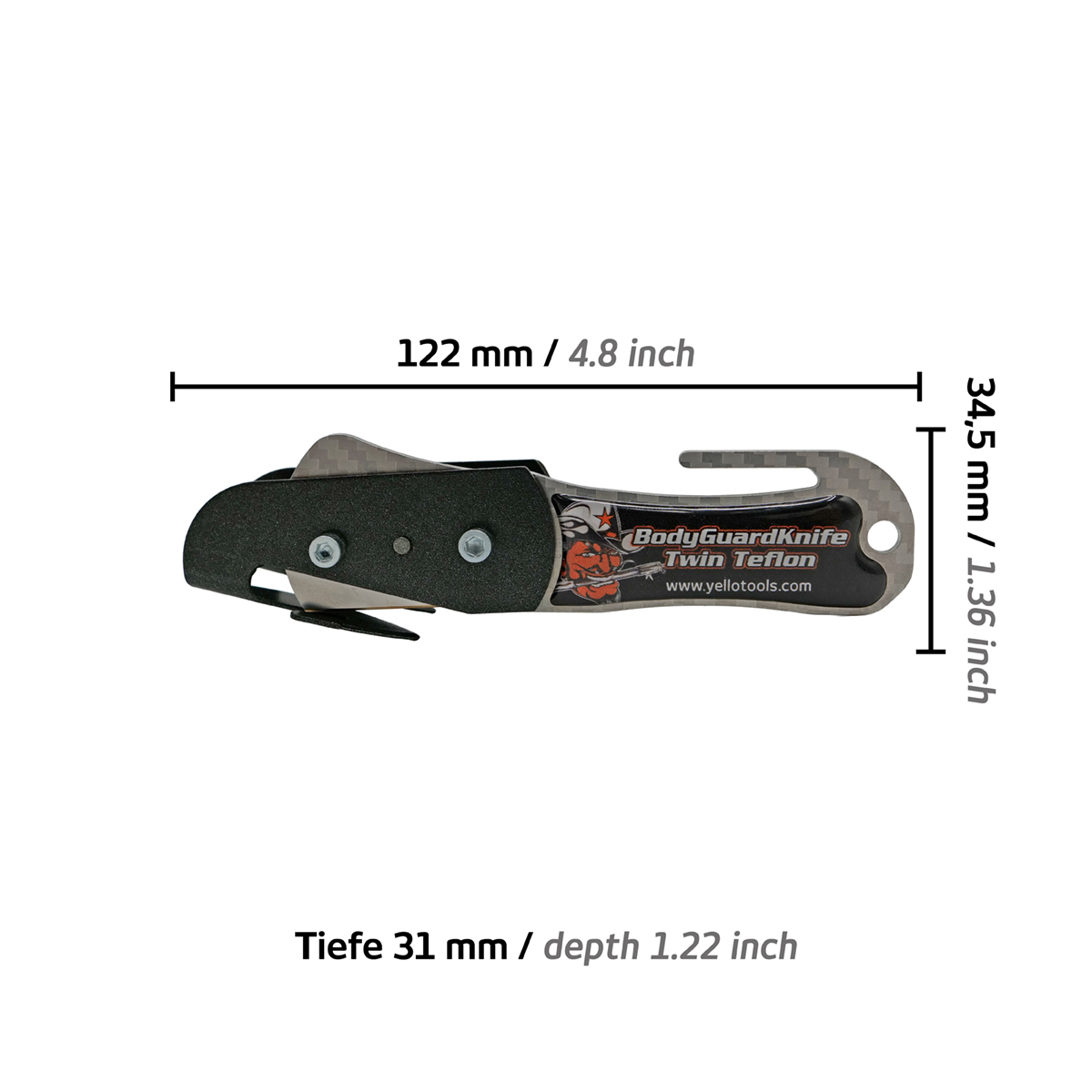 BodyGuardKnife twin Teflon dimension