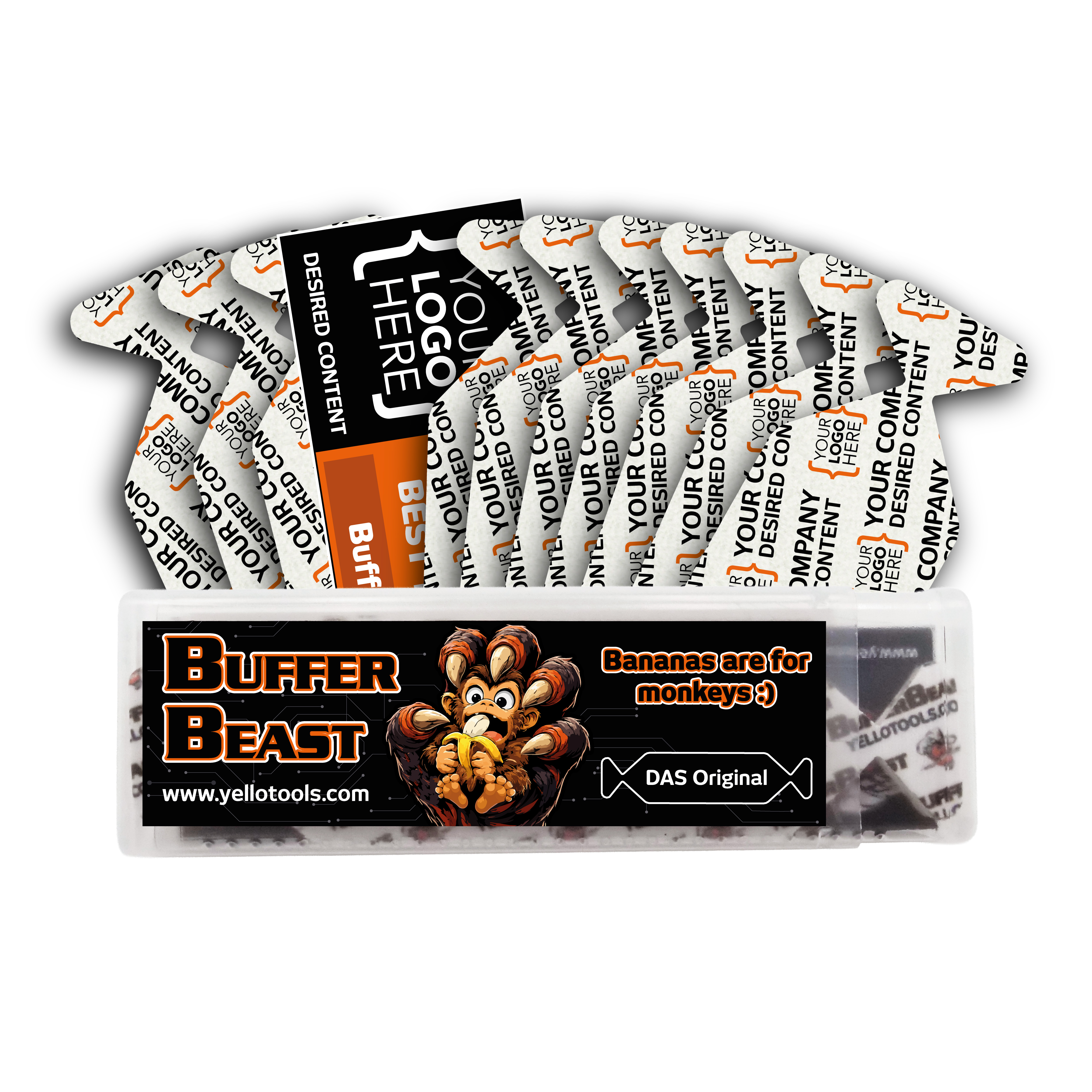 Lieferumfang BufferBeast Master LOGO Rakelpolster Set mit 10 Buffern, Kanbankarte und Verpackungsbox