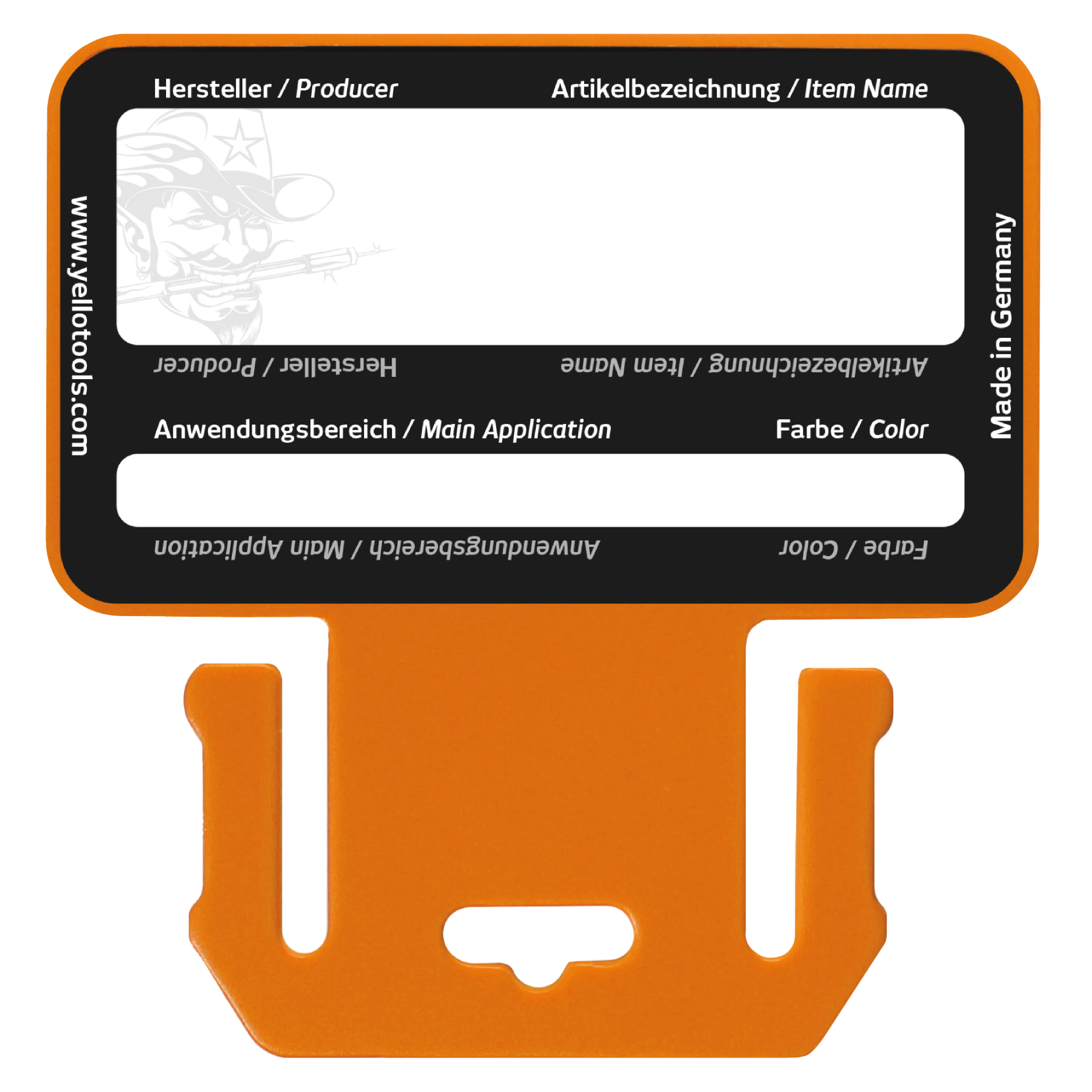 MediaCards 3" Beschriftungskarte Vorderseite mit Feldern für Hersteller, Artikelbezeichnung, Anwendungsbereich und Farbe