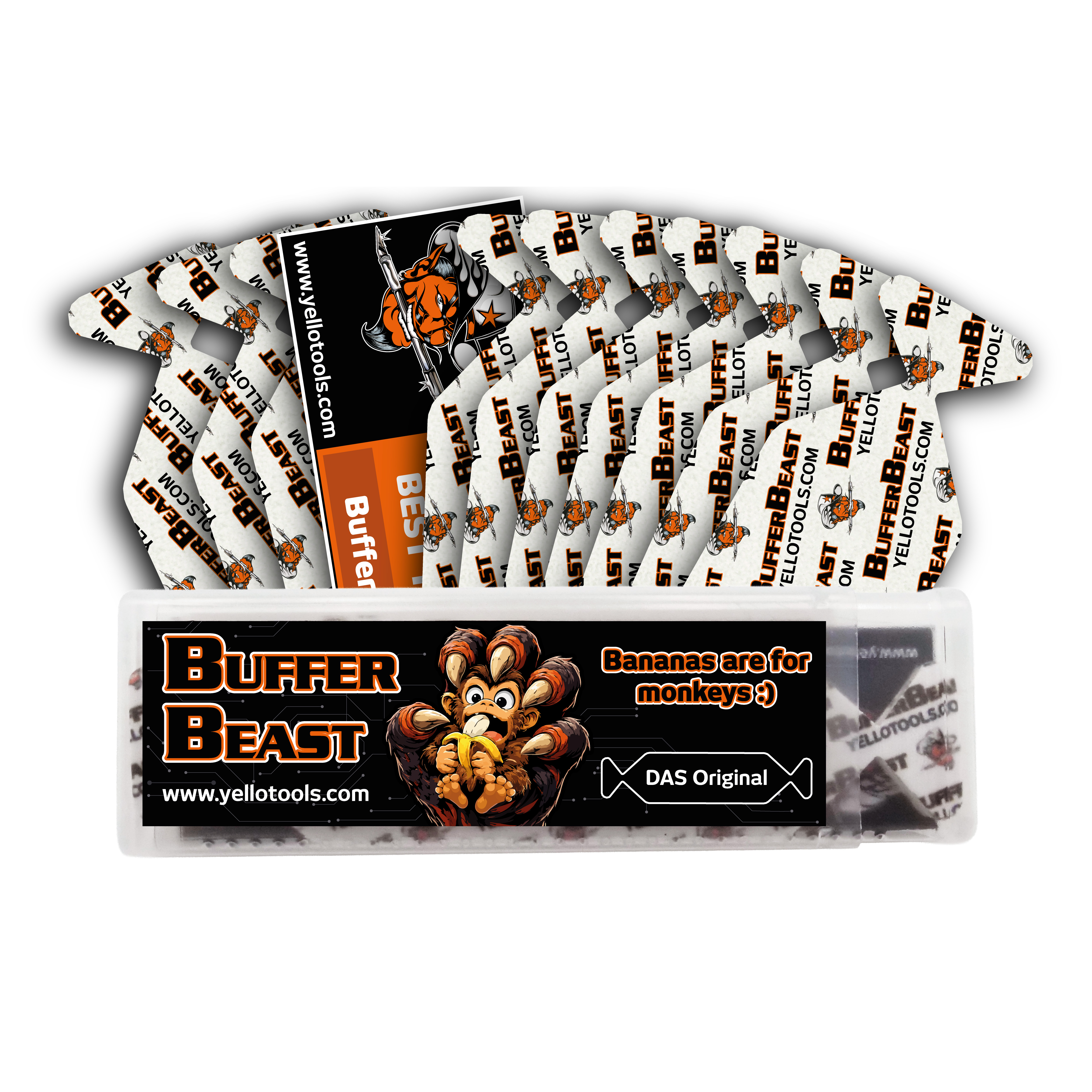 Lieferumfang BufferBeast Master Rakelpolster Set mit 10 Buffern, Kanbankarte und Verpackungsbox