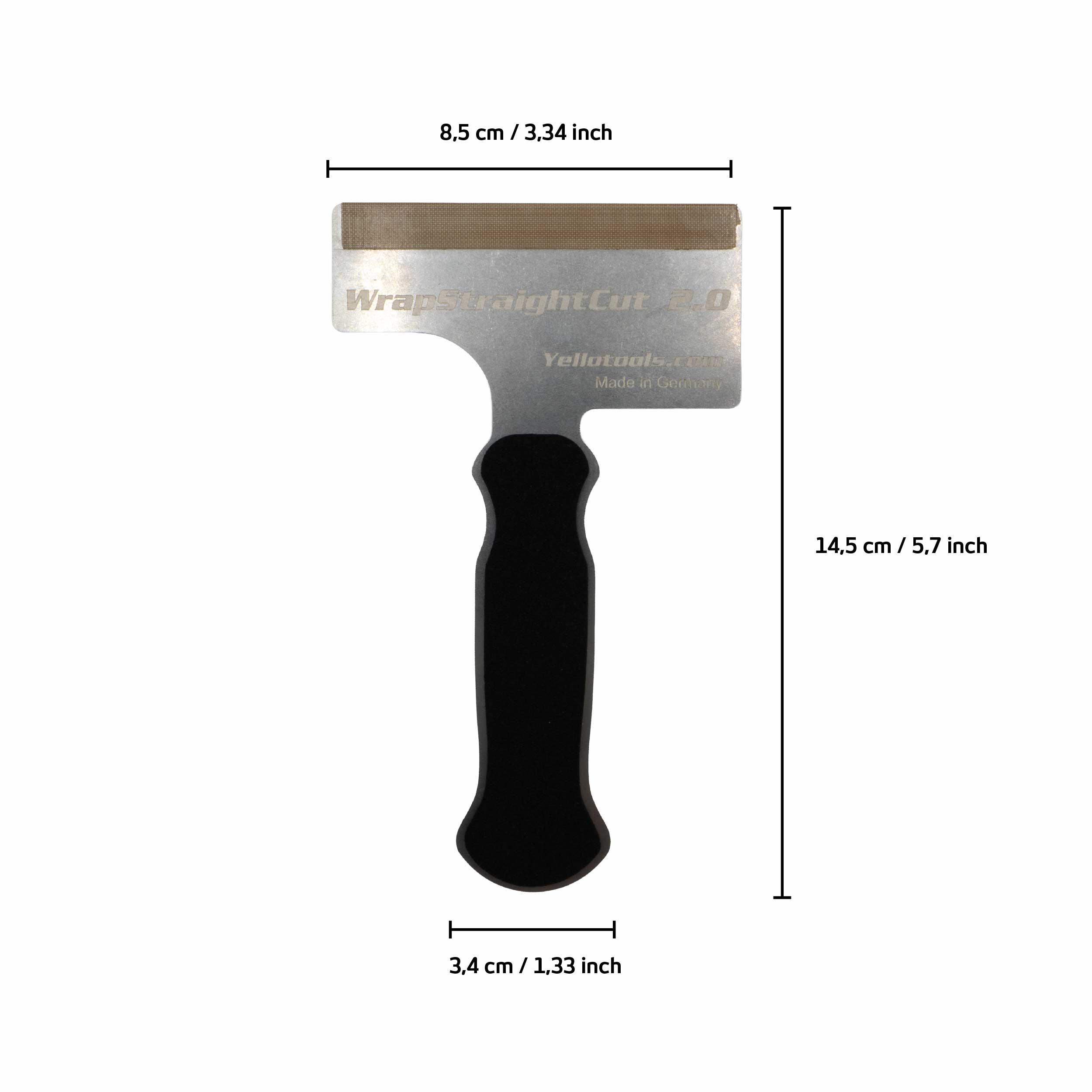 Yellotools CarWrapping Spachtel mit Maßangaben und Teflon-Streifen, erhältlich in den Materialstärken 1,0 mm, 1,5 mm und 2,0 mm.