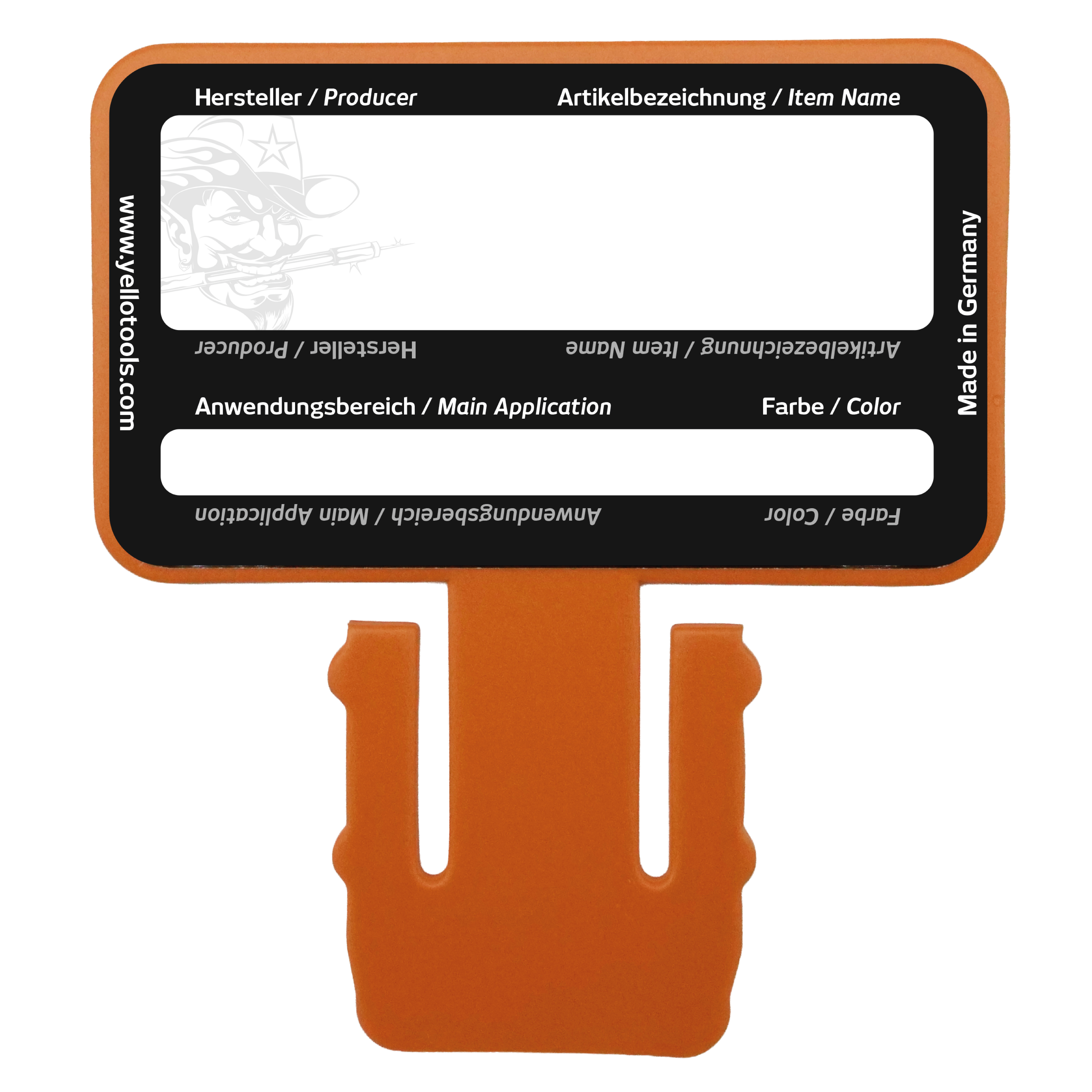 MediaCards 2" Beschriftungskarte hängend an Folienrolle – Vorderseite mit Materialinformationen