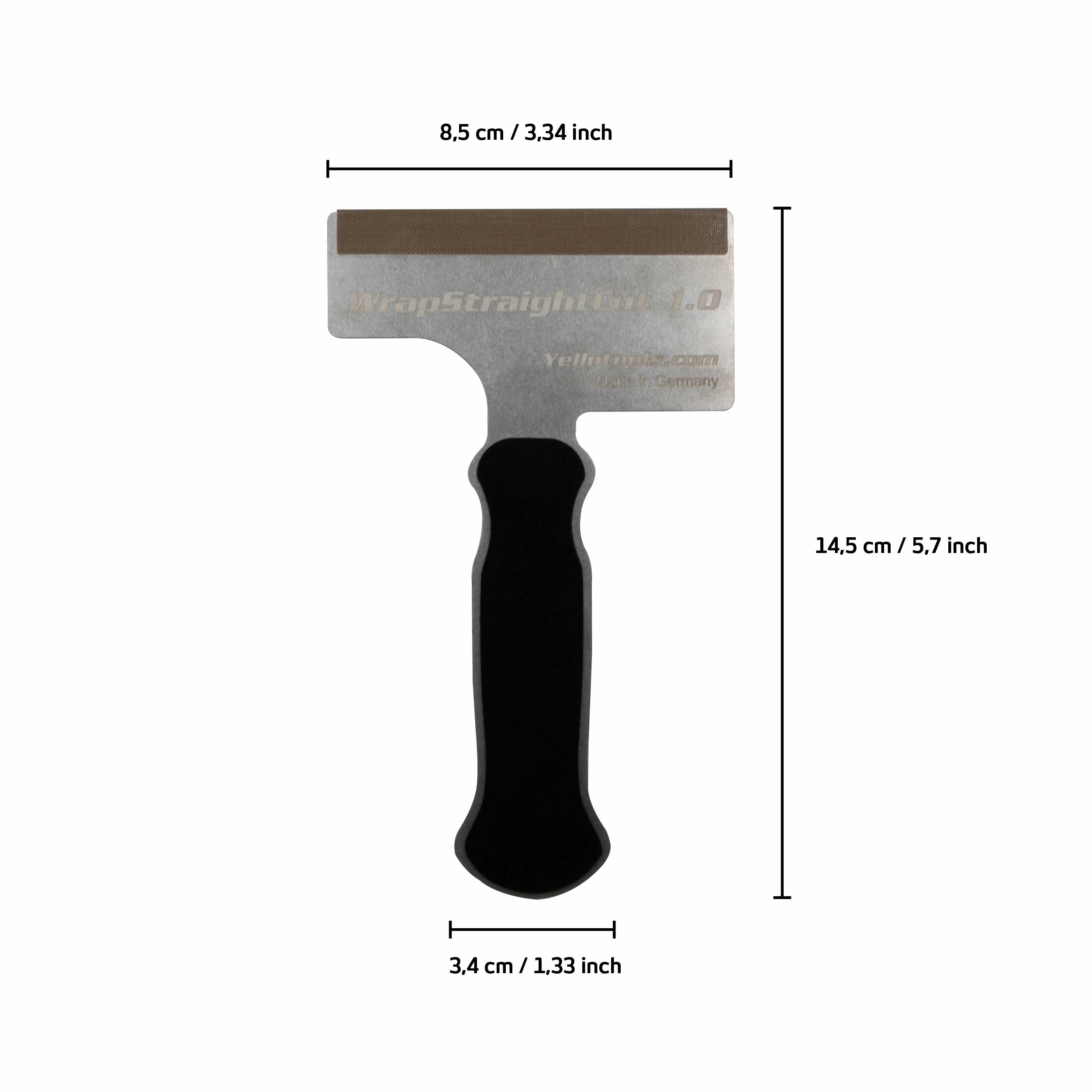 Yellotools CarWrapping Spachtel mit Maßangaben und Teflon-Streifen, erhältlich in den Materialstärken 1,0 mm, 1,5 mm und 2,0 mm.