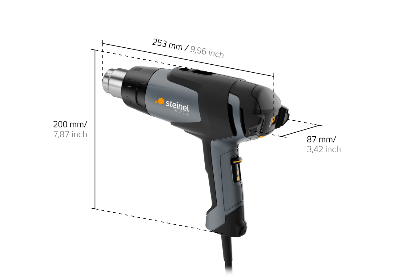 Yellotools WrapGun II | Heißluftfön Abbildung mit Bemaßungen