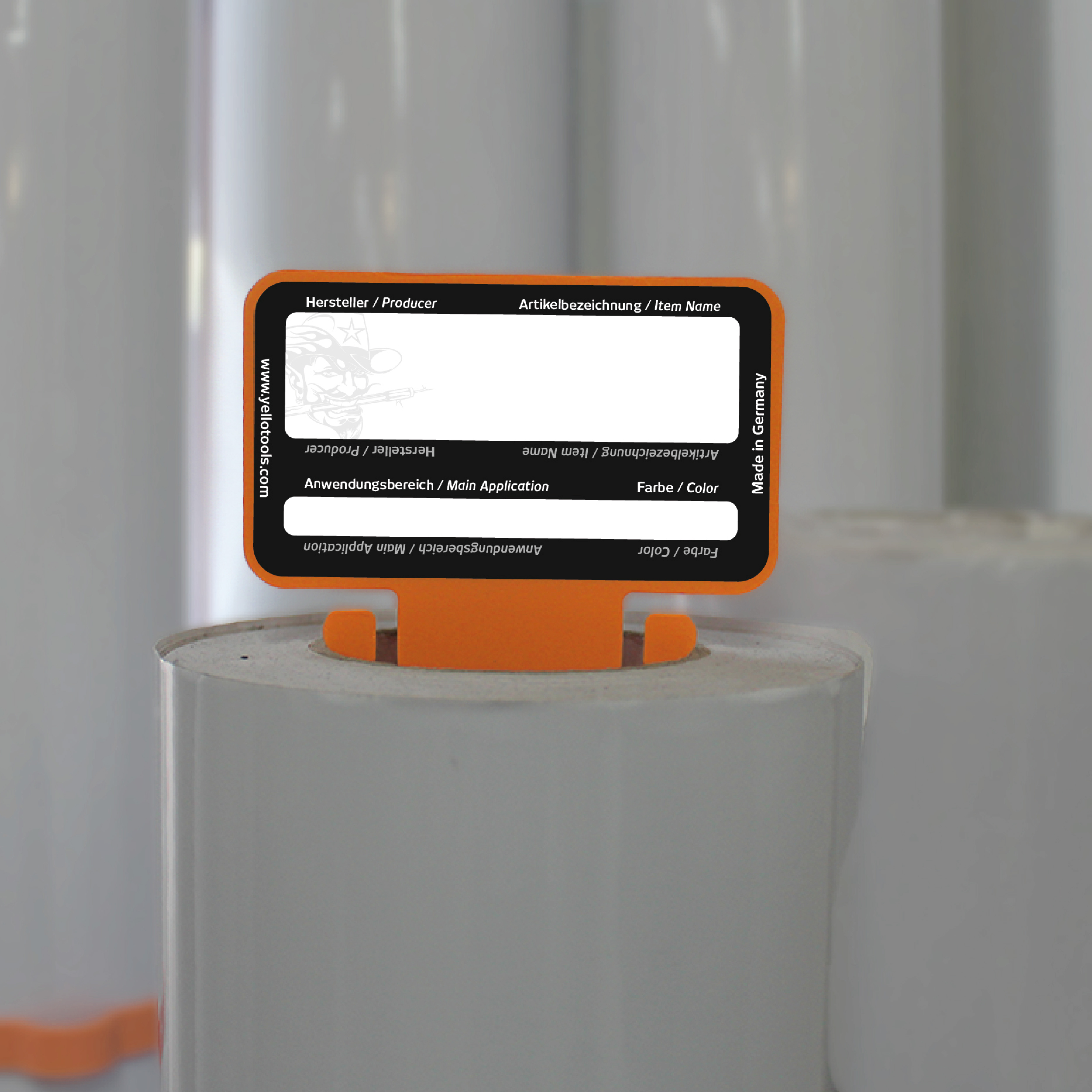 MediaCards 3" Beschriftungskarte in Folienkern gesteckt – Vorderseite zur Kennzeichnung der Folienrolle